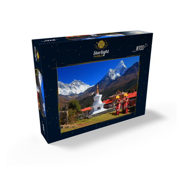 Monks in front of the stupa in the Buddhist monastery complex Tengpoche against Mount Everest (8848m), Nepal 1000 Jigsaw Puzzle box view1