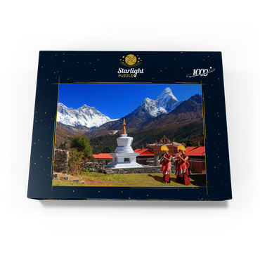 Monks in front of the stupa in the Buddhist monastery complex Tengpoche against Mount Everest (8848m), Nepal 1000 Jigsaw Puzzle box view1