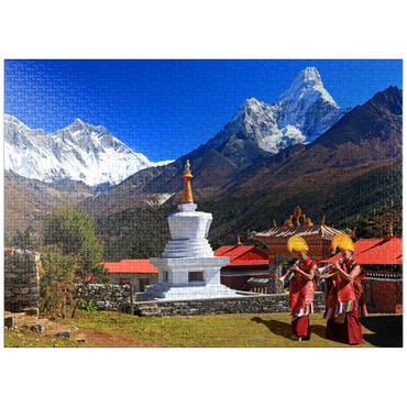 puzzleplate Monks in front of the stupa in the Buddhist monastery complex Tengpoche against Mount Everest (8848m), Nepal 1000 Jigsaw Puzzle