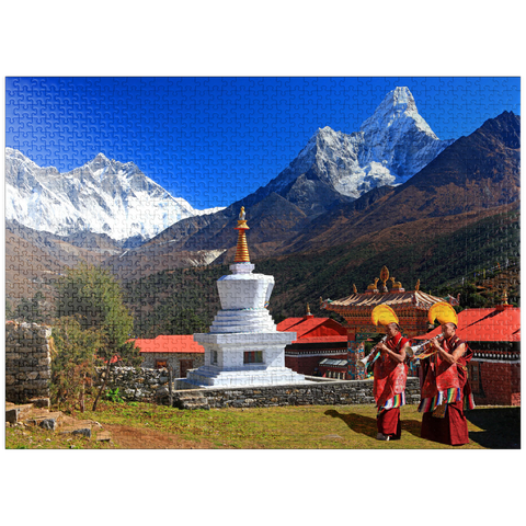 puzzleplate Monks in front of the stupa in the Buddhist monastery complex Tengpoche against Mount Everest (8848m), Nepal 1000 Jigsaw Puzzle