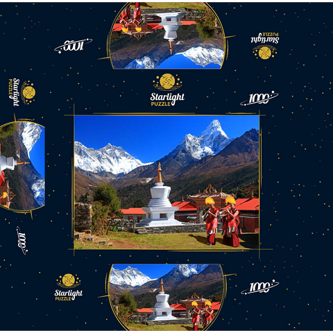 Monks in front of the stupa in the Buddhist monastery complex Tengpoche against Mount Everest (8848m), Nepal 1000 Jigsaw Puzzle box 3D Modell