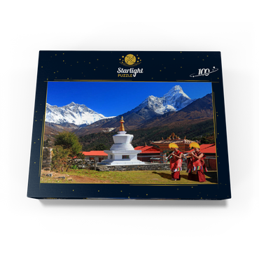 Monks in front of the stupa in the Buddhist monastery complex Tengpoche against Mount Everest (8848m), Nepal 100 Jigsaw Puzzle box view1