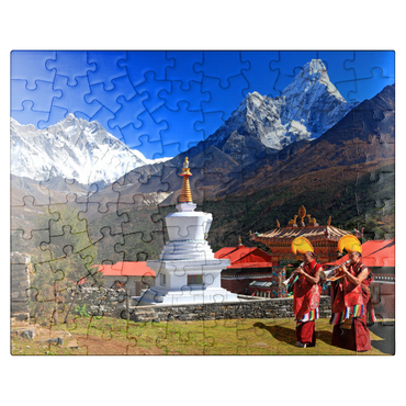 puzzleplate Monks in front of the stupa in the Buddhist monastery complex Tengpoche against Mount Everest (8848m), Nepal 100 Jigsaw Puzzle