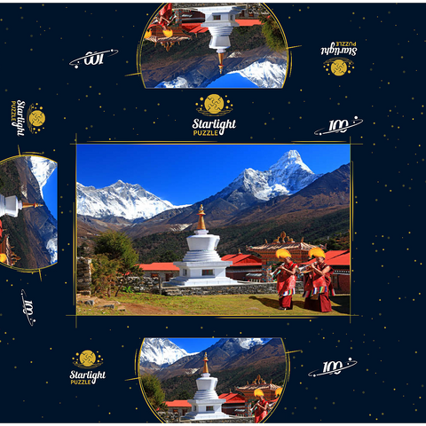 Monks in front of the stupa in the Buddhist monastery complex Tengpoche against Mount Everest (8848m), Nepal 100 Jigsaw Puzzle box 3D Modell