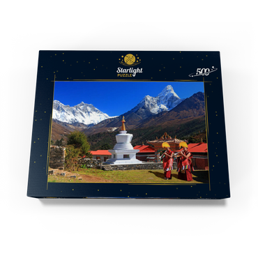 Monks in front of the stupa in the Buddhist monastery complex Tengpoche against Mount Everest (8848m), Nepal 500 Jigsaw Puzzle box view1