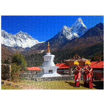 puzzleplate Monks in front of the stupa in the Buddhist monastery complex Tengpoche against Mount Everest (8848m), Nepal 500 Jigsaw Puzzle