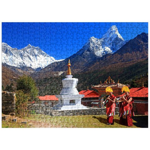 puzzleplate Monks in front of the stupa in the Buddhist monastery complex Tengpoche against Mount Everest (8848m), Nepal 500 Jigsaw Puzzle