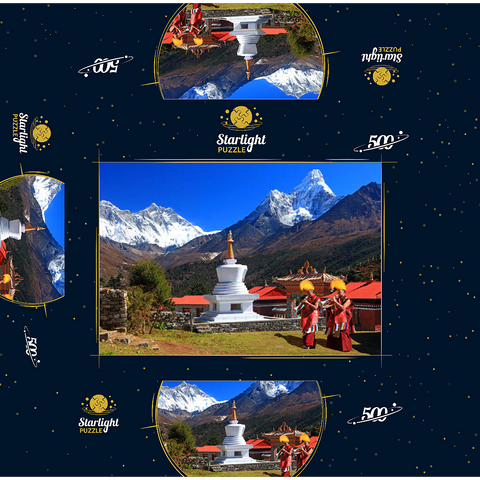 Monks in front of the stupa in the Buddhist monastery complex Tengpoche against Mount Everest (8848m), Nepal 500 Jigsaw Puzzle box 3D Modell