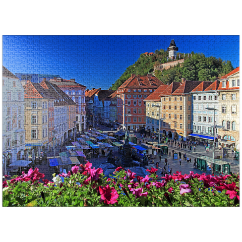 puzzleplate Main square with view to Schlossberg and clock tower - Austria 1000 Jigsaw Puzzle