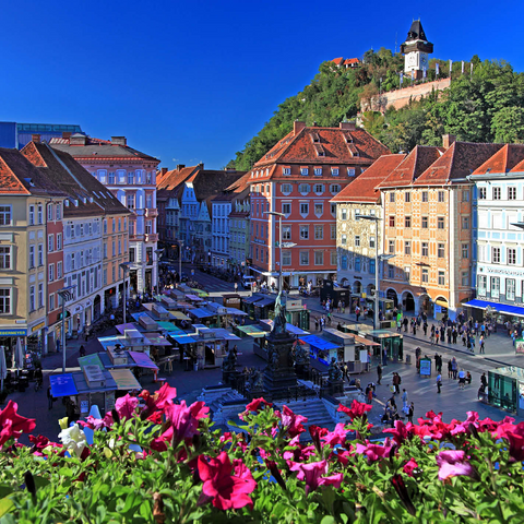 Main square with view to Schlossberg and clock tower - Austria 1000 Jigsaw Puzzle 3D Modell
