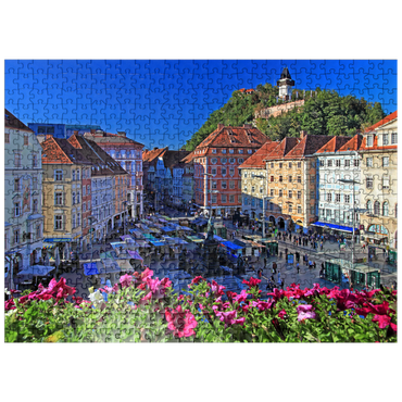 puzzleplate Main square with view to Schlossberg and clock tower - Austria 500 Jigsaw Puzzle