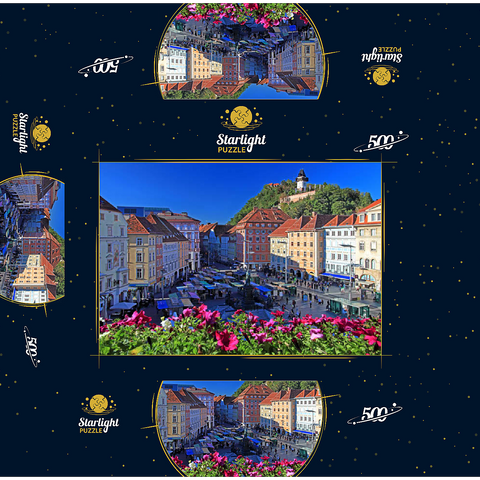 Main square with view to Schlossberg and clock tower - Austria 500 Jigsaw Puzzle box 3D Modell