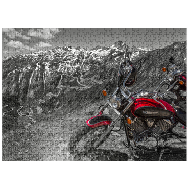 puzzleplate View to Grimsel pass road (2165m) with motorcycles, Obergoms, canton Valais, Switzerland 500 Jigsaw Puzzle
