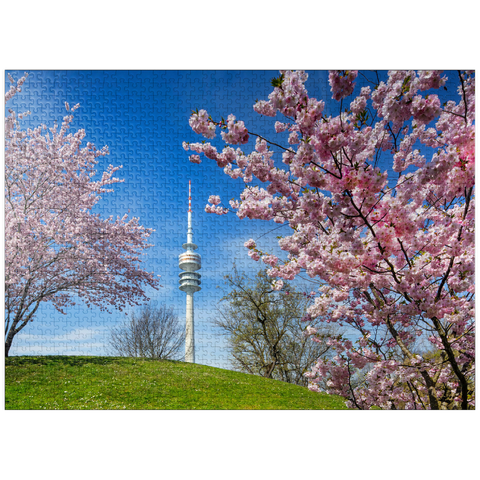puzzleplate Cherry blossom in Olympic Park at Olympic Tower, Munich, - Germany 1000 Jigsaw Puzzle