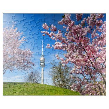 puzzleplate Cherry blossom in Olympic Park at Olympic Tower, Munich, - Germany 100 Jigsaw Puzzle