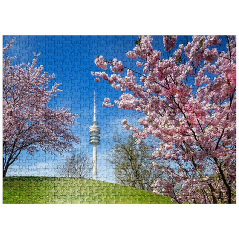 puzzleplate Cherry blossom in Olympic Park at Olympic Tower, Munich, - Germany 500 Jigsaw Puzzle