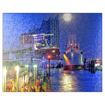 puzzleplate St.-Pauli Landing Bridges at Überseebrücke with Elbphilharmonie in HafenCity, Hamburg, Germany 100 Jigsaw Puzzle