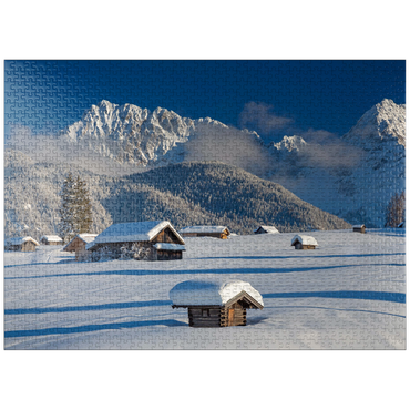 puzzleplate Hay barn on the hummock meadows near Mittenwald against Wörner (2474m) and Karwendel mountains 1000 Jigsaw Puzzle