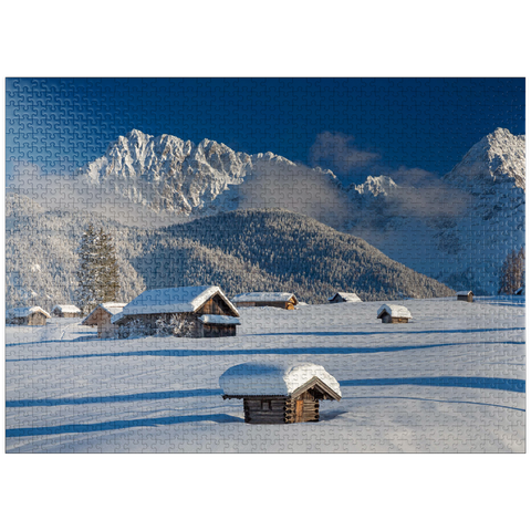 puzzleplate Hay barn on the hummock meadows near Mittenwald against Wörner (2474m) and Karwendel mountains 1000 Jigsaw Puzzle