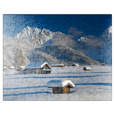 puzzleplate Hay barn on the hummock meadows near Mittenwald against Wörner (2474m) and Karwendel mountains 100 Jigsaw Puzzle