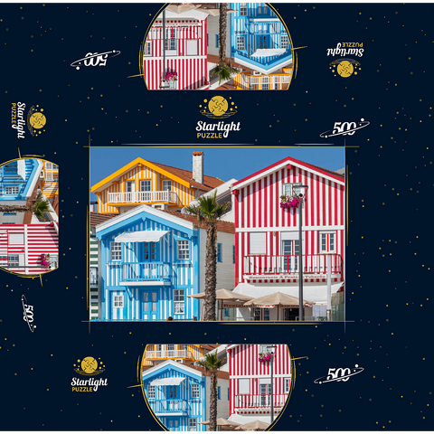 Colorful wooden houses in the seaside and fishing village Costa Nova on the Atlantic coast 500 Jigsaw Puzzle box 3D Modell