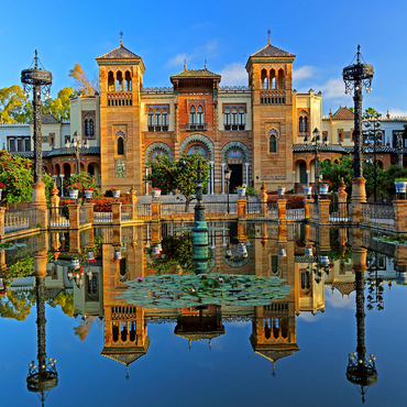 Water basin with the Mudejar Pavilion in the morning light, Plaza de America, Park Maria Luisa, Sevilla 1000 Jigsaw Puzzle 3D Modell