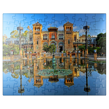puzzleplate Water basin with the Mudejar Pavilion in the morning light, Plaza de America, Park Maria Luisa, Sevilla 100 Jigsaw Puzzle