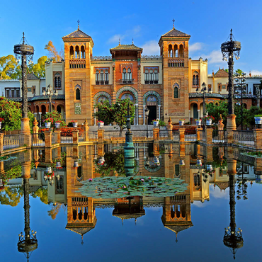 Water basin with the Mudejar Pavilion in the morning light, Plaza de America, Park Maria Luisa, Sevilla 100 Jigsaw Puzzle 3D Modell