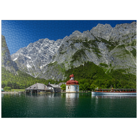puzzleplate View over the lake to St. Bartholomä against the Watzmann (2713m) 1000 Jigsaw Puzzle