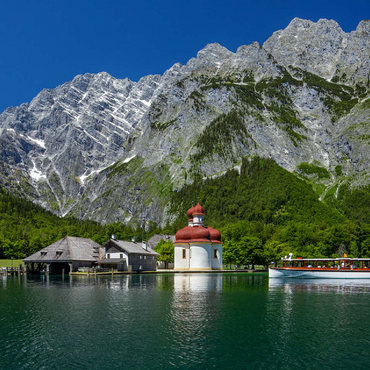 View over the lake to St. Bartholomä against the Watzmann (2713m) 100 Jigsaw Puzzle 3D Modell