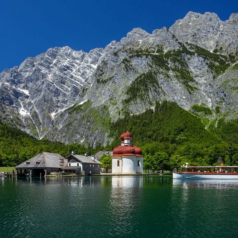 View over the lake to St. Bartholomä against the Watzmann (2713m) 500 Jigsaw Puzzle 3D Modell