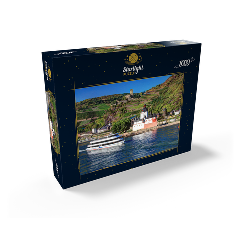 Excursion boat on the Rhine with Pfalzgrafenstein Castle and Gutenfels Castle in Kaub 1000 Jigsaw Puzzle box view1