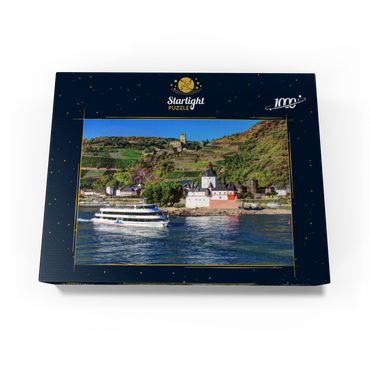 Excursion boat on the Rhine with Pfalzgrafenstein Castle and Gutenfels Castle in Kaub 1000 Jigsaw Puzzle box view1