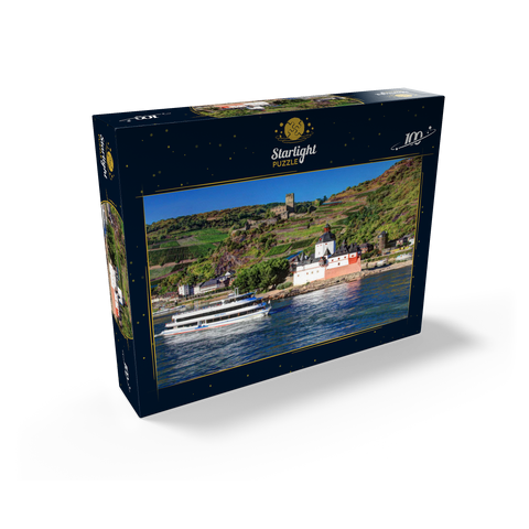Excursion boat on the Rhine with Pfalzgrafenstein Castle and Gutenfels Castle in Kaub 100 Jigsaw Puzzle box view1