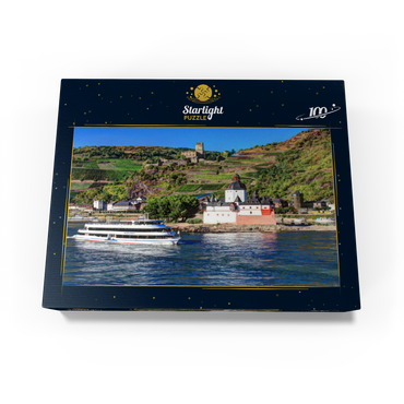 Excursion boat on the Rhine with Pfalzgrafenstein Castle and Gutenfels Castle in Kaub 100 Jigsaw Puzzle box view1