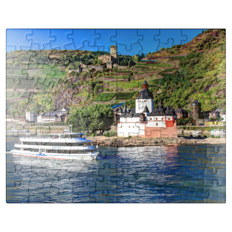 puzzleplate Excursion boat on the Rhine with Pfalzgrafenstein Castle and Gutenfels Castle in Kaub 100 Jigsaw Puzzle