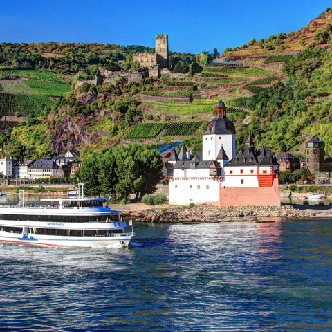Excursion boat on the Rhine with Pfalzgrafenstein Castle and Gutenfels Castle in Kaub 100 Jigsaw Puzzle 3D Modell