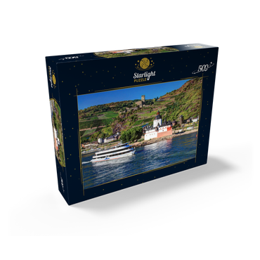 Excursion boat on the Rhine with Pfalzgrafenstein Castle and Gutenfels Castle in Kaub 500 Jigsaw Puzzle box view1