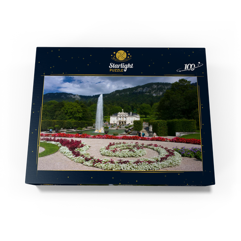 Linderhof Castle with water parterre and fountain against Ammergau Alps, Upper Bavaria 100 Jigsaw Puzzle box view1
