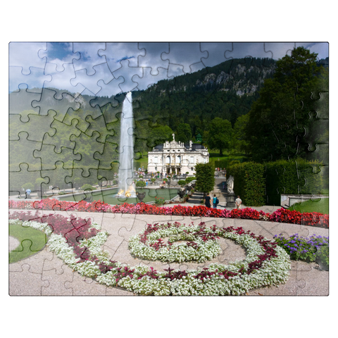 puzzleplate Linderhof Castle with water parterre and fountain against Ammergau Alps, Upper Bavaria 100 Jigsaw Puzzle