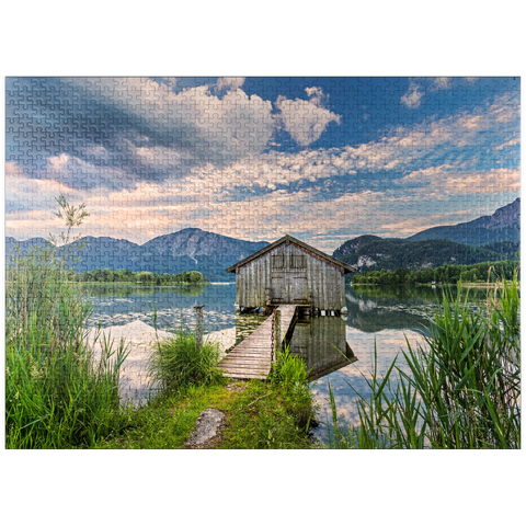 puzzleplate Boat hut at Kochelsee against Jochberg (1565m) and Herzogstand (1731m), Schlehdorf 1000 Jigsaw Puzzle
