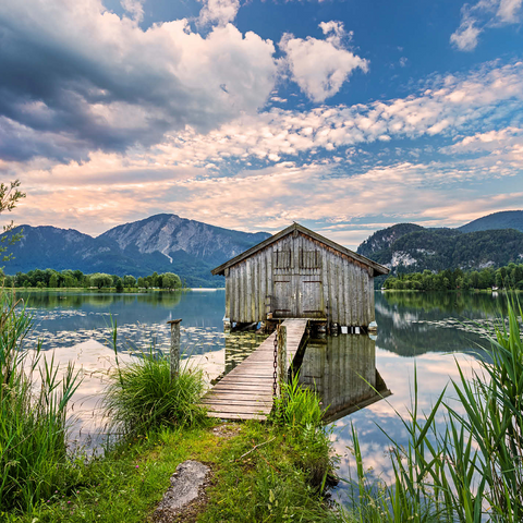 Boat hut at Kochelsee against Jochberg (1565m) and Herzogstand (1731m), Schlehdorf 1000 Jigsaw Puzzle 3D Modell