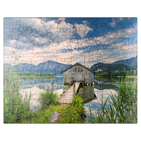 puzzleplate Boat hut at Kochelsee against Jochberg (1565m) and Herzogstand (1731m), Schlehdorf 100 Jigsaw Puzzle