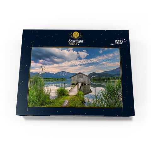 Boat hut at Kochelsee against Jochberg (1565m) and Herzogstand (1731m), Schlehdorf 500 Jigsaw Puzzle box view1