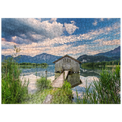 puzzleplate Boat hut at Kochelsee against Jochberg (1565m) and Herzogstand (1731m), Schlehdorf 500 Jigsaw Puzzle