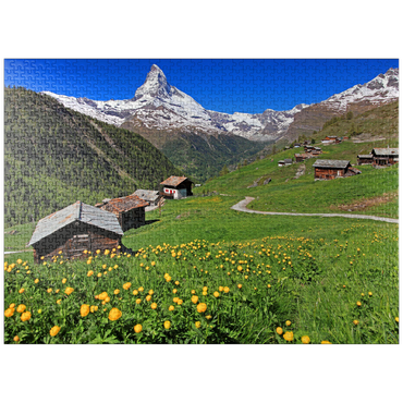 puzzleplate Spring meadow with troll flowers (Trollius europaeus) at the hamlet Findeln towards Matterhorn (4478m), Zermatt 1000 Jigsaw Puzzle