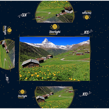 Spring meadow with troll flowers (Trollius europaeus) at the hamlet Findeln towards Matterhorn (4478m), Zermatt 100 Jigsaw Puzzle box 3D Modell