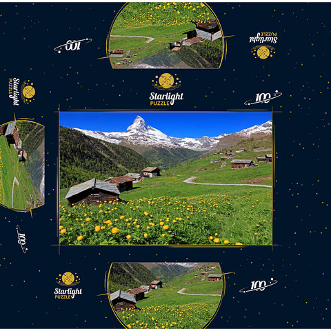 Spring meadow with troll flowers (Trollius europaeus) at the hamlet Findeln towards Matterhorn (4478m), Zermatt 100 Jigsaw Puzzle box 3D Modell