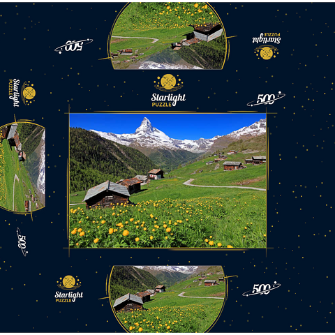 Spring meadow with troll flowers (Trollius europaeus) at the hamlet Findeln towards Matterhorn (4478m), Zermatt 500 Jigsaw Puzzle box 3D Modell
