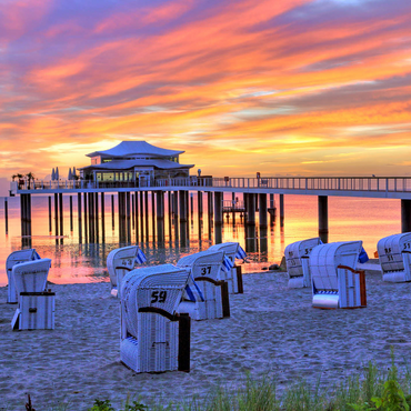 Beach with beach chairs and pier with Mikado teahouse in morning light 1000 Jigsaw Puzzle 3D Modell